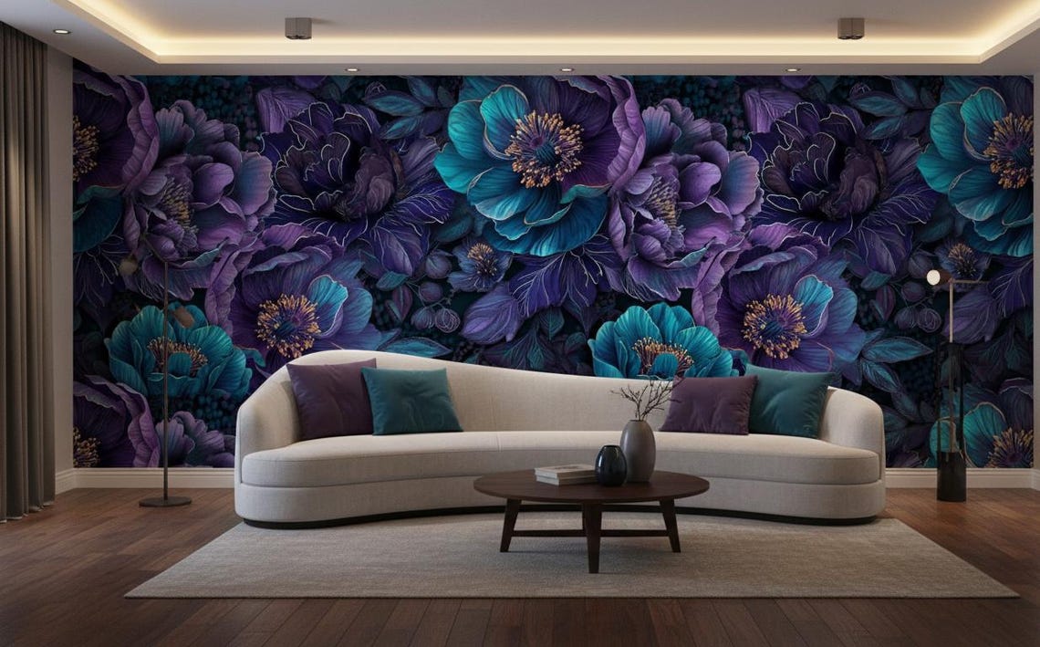Kendinden Yapışkanlı - Botanik Koyu Turkuaz ve Mor Çiçekli Duvar Kağıdı 