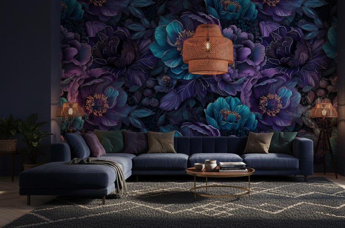 Kendinden Yapışkanlı - Botanik Koyu Turkuaz ve Mor Çiçekli Duvar Kağıdı 