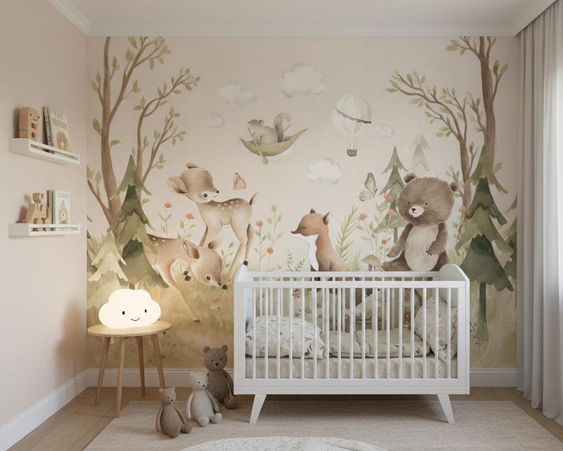 Kendinden Yapışkanlı - Orman Hayvanları Temalı Bebek Çocuk Odası Duvar Kağıdı