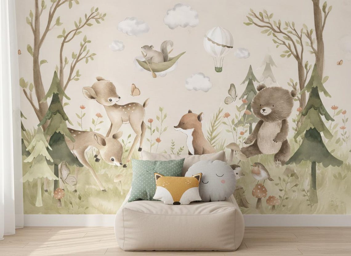 Kendinden Yapışkanlı - Orman Hayvanları Temalı Bebek Çocuk Odası Duvar Kağıdı