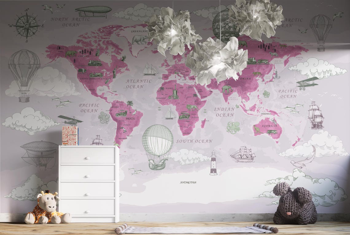 Kendinden Yapışkanlı - Dünya Haritası Sıcak Hava Balonu Hayvanlar Çocuk Odası Duvar Kağıdı