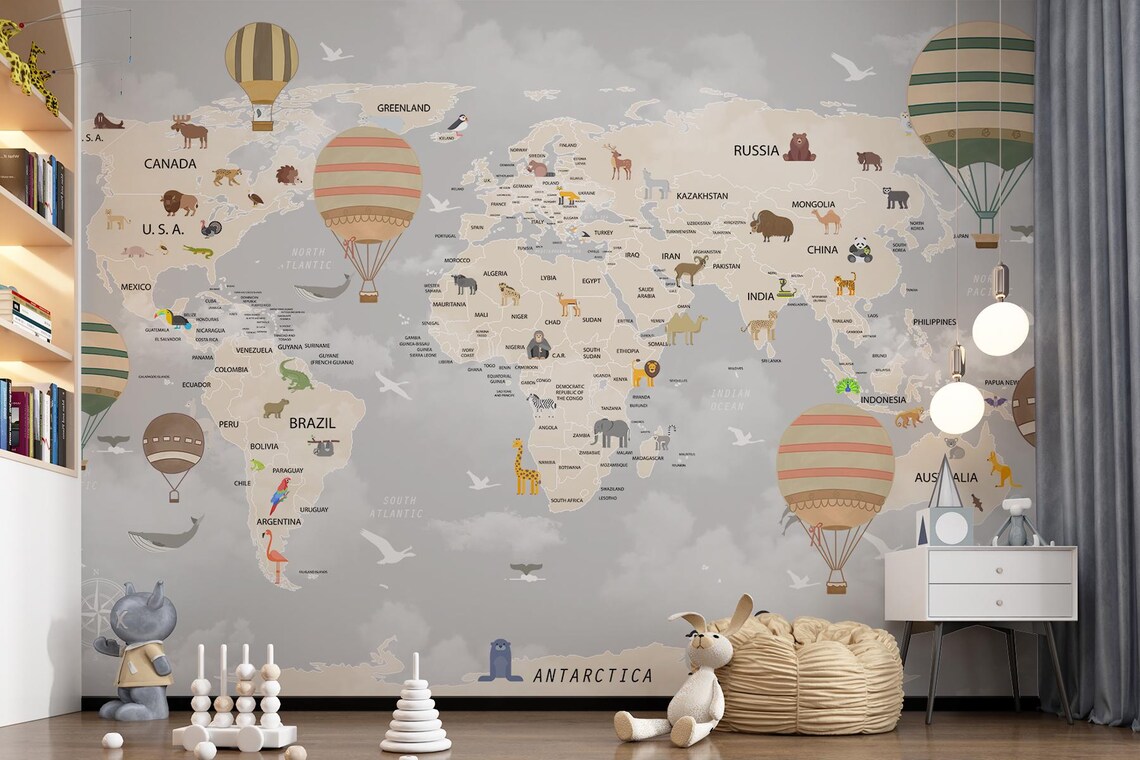 Kendinden Yapışkanlı - Balonlu ve Hayvanlı Eğitici Çocuk Odası Dünya Haritası Duvar Kağıdı 