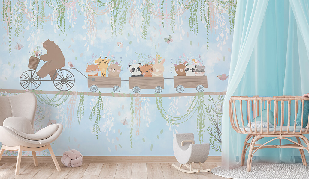 Kendinden Yapışkanlı - Bisikletli Ayı ve Neşeli Vagonlar Mavi Düşler Ormanı Çocuk Odası Duvar Kağıdı