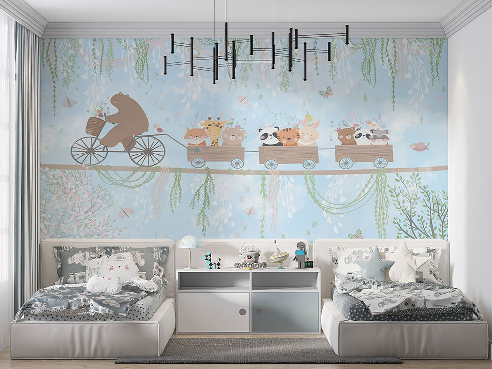 Kendinden Yapışkanlı - Bisikletli Ayı ve Neşeli Vagonlar Mavi Düşler Ormanı Çocuk Odası Duvar Kağıdı