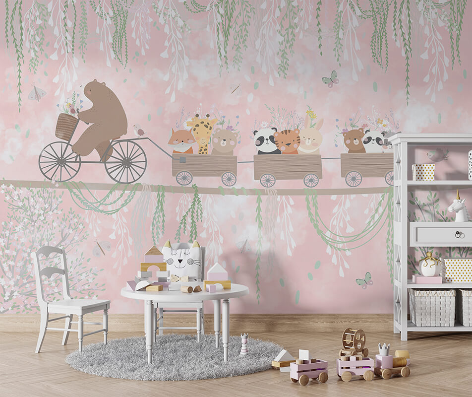 Kendinden Yapışkanlı - Çiçekli Vagonlar Serüveni Pembe Düşler Yolculuğu Bisikletli Ayı Çocuk Odası Duvar Kağıdı