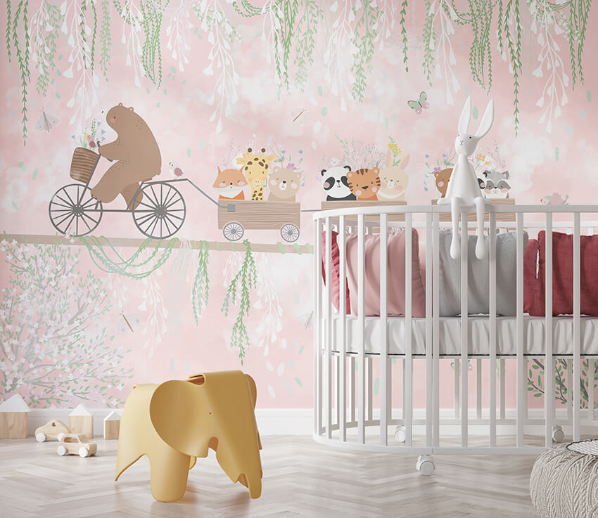 Kendinden Yapışkanlı - Çiçekli Vagonlar Serüveni Pembe Düşler Yolculuğu Bisikletli Ayı Çocuk Odası Duvar Kağıdı