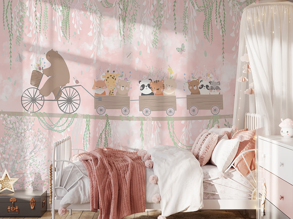 Kendinden Yapışkanlı - Çiçekli Vagonlar Serüveni Pembe Düşler Yolculuğu Bisikletli Ayı Çocuk Odası Duvar Kağıdı