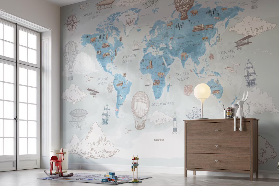 Kendinden Yapışkanlı - Dünya Haritası Sıcak Hava Balonu Hayvanlar Çocuk Odası Duvar Kağıdı