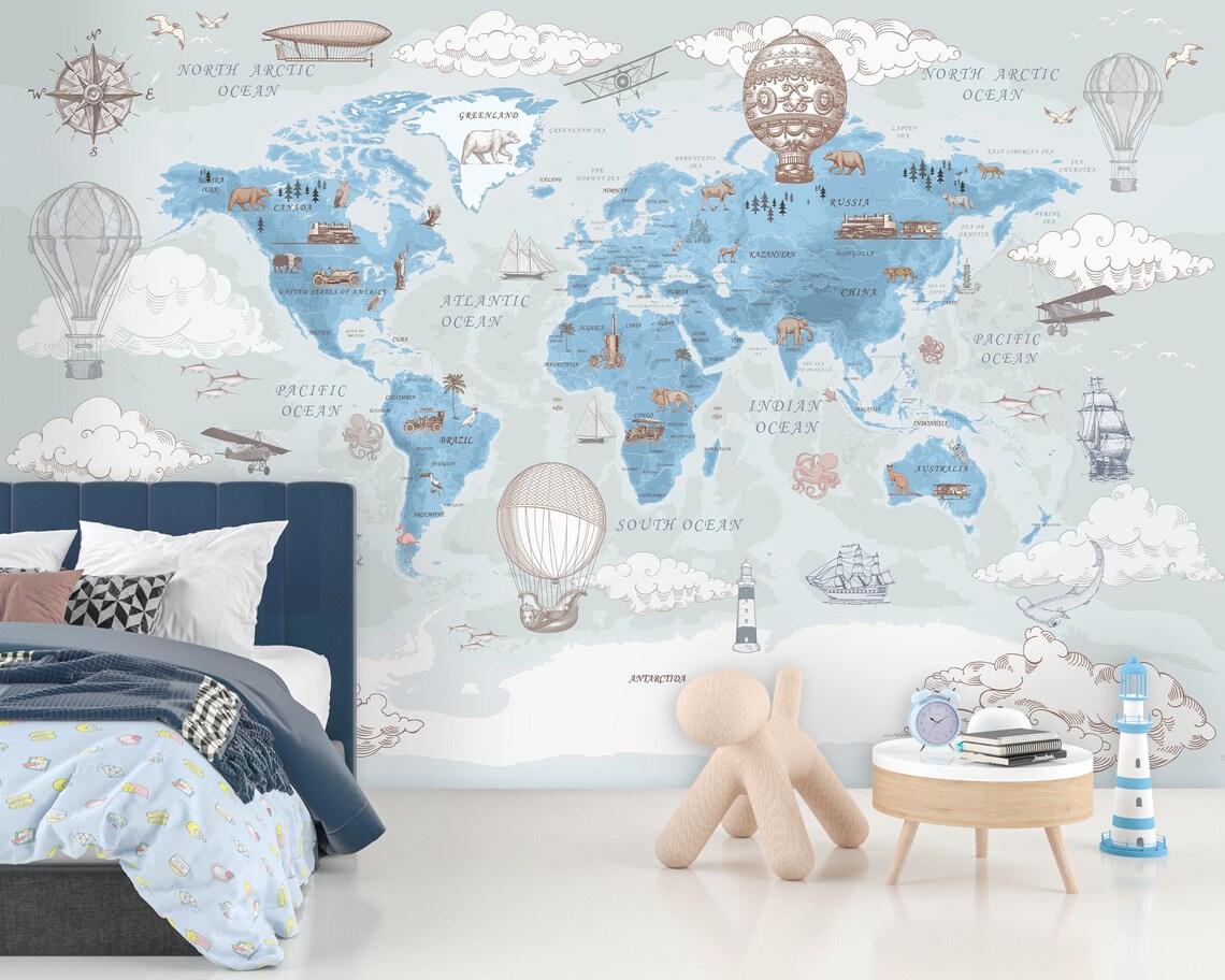 Kendinden Yapışkanlı - Dünya Haritası Sıcak Hava Balonu Hayvanlar Çocuk Odası Duvar Kağıdı