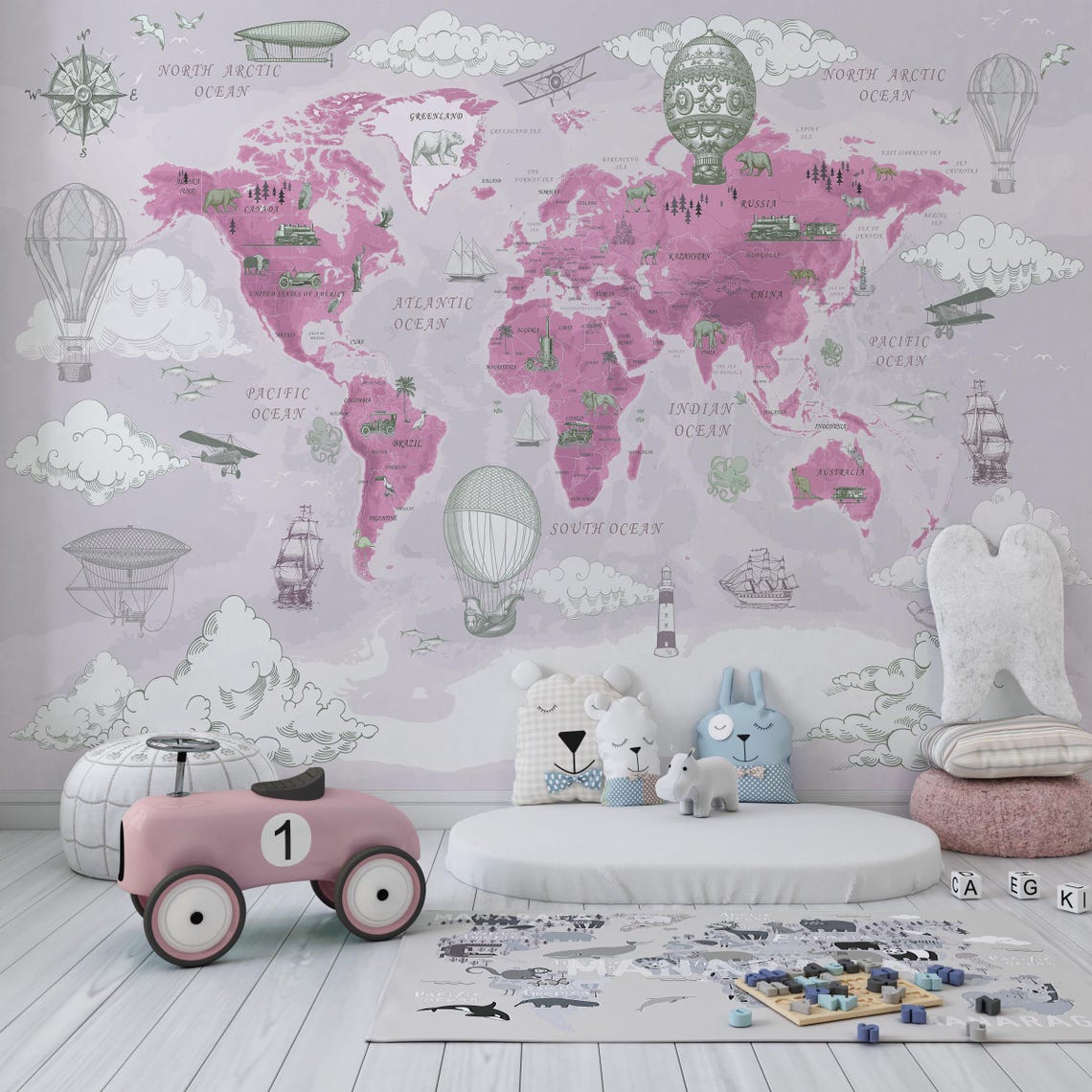 Kendinden Yapışkanlı - Dünya Haritası Sıcak Hava Balonu Hayvanlar Çocuk Odası Duvar Kağıdı