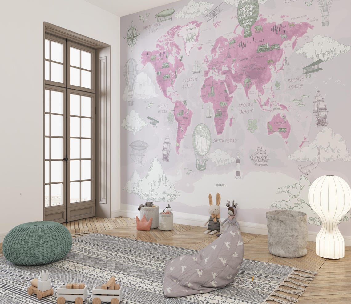Kendinden Yapışkanlı - Dünya Haritası Sıcak Hava Balonu Hayvanlar Çocuk Odası Duvar Kağıdı