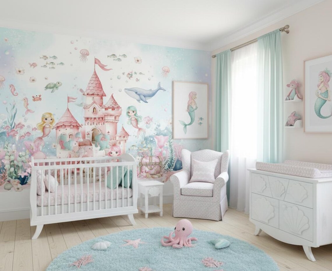 Kendinden Yapışkanlı - Kız Çocuk Odası İçin Deniz Kızı Duvar Kağıdı