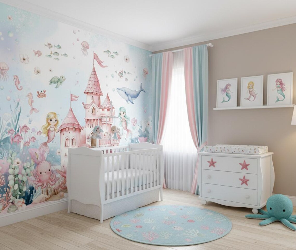 Kendinden Yapışkanlı - Kız Çocuk Odası İçin Deniz Kızı Duvar Kağıdı