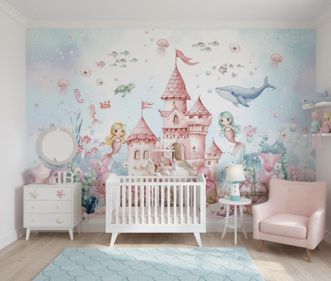 Kendinden Yapışkanlı - Kız Çocuk Odası İçin Deniz Kızı Duvar Kağıdı