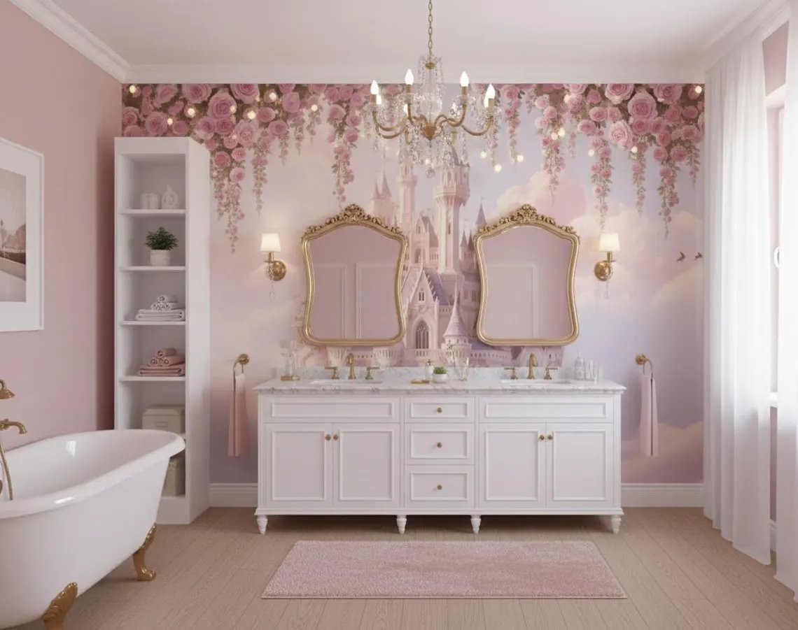 Kendinden Yapışkanlı - Masal Şatosu Pembe Bulutlar Çocuk & Bebek Genç Kız Odası Duvar Kağıdı