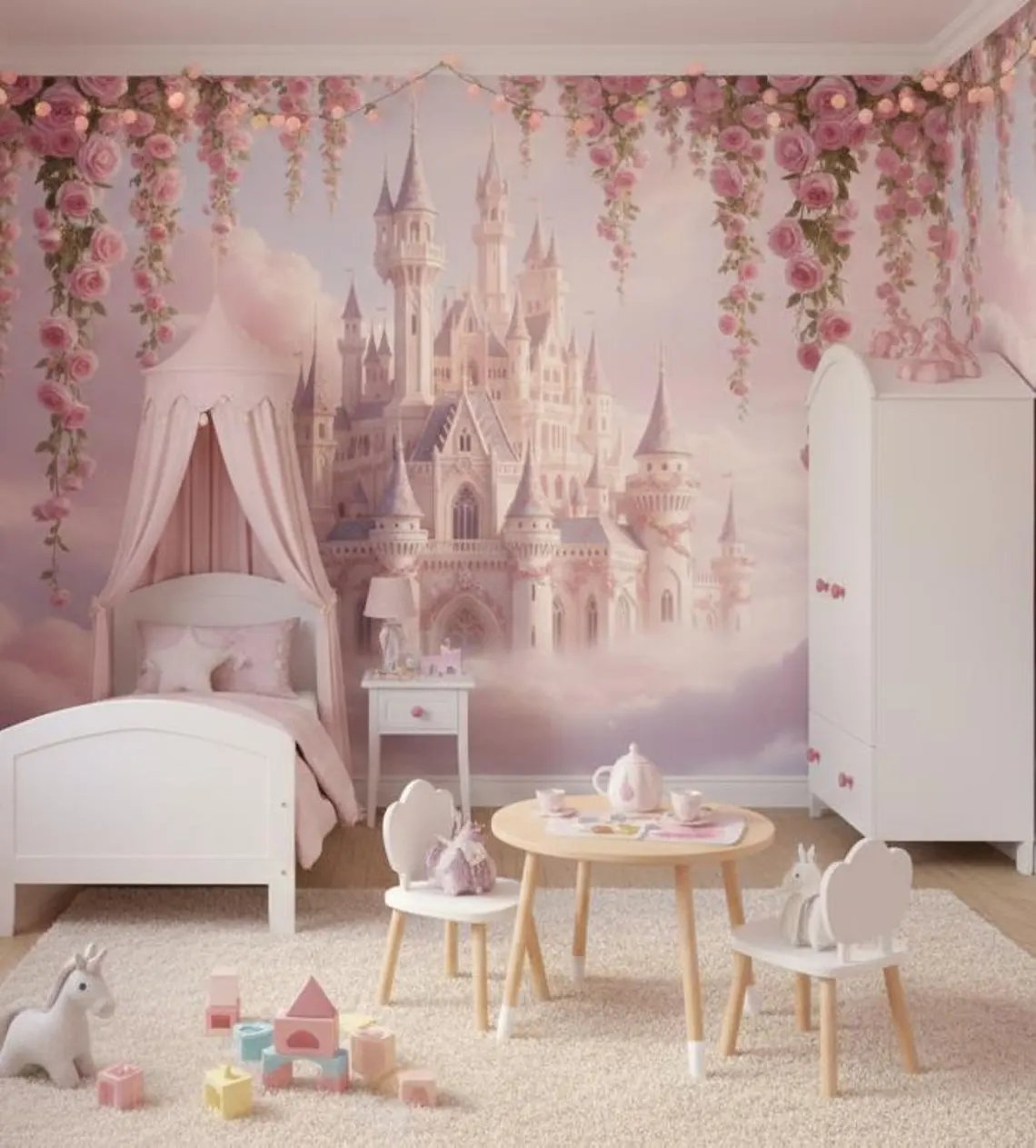 Kendinden Yapışkanlı - Masal Şatosu Pembe Bulutlar Çocuk & Bebek Genç Kız Odası Duvar Kağıdı