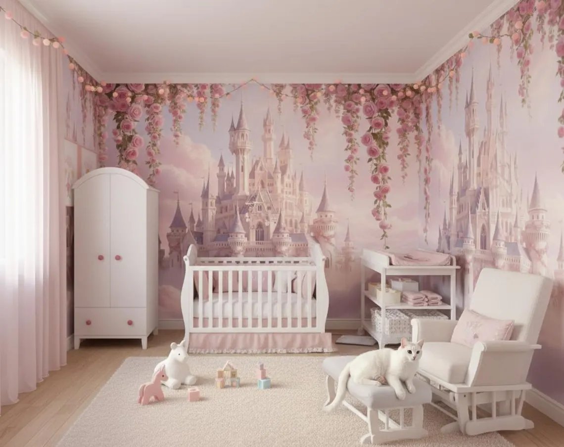 Kendinden Yapışkanlı - Masal Şatosu Pembe Bulutlar Çocuk & Bebek Genç Kız Odası Duvar Kağıdı