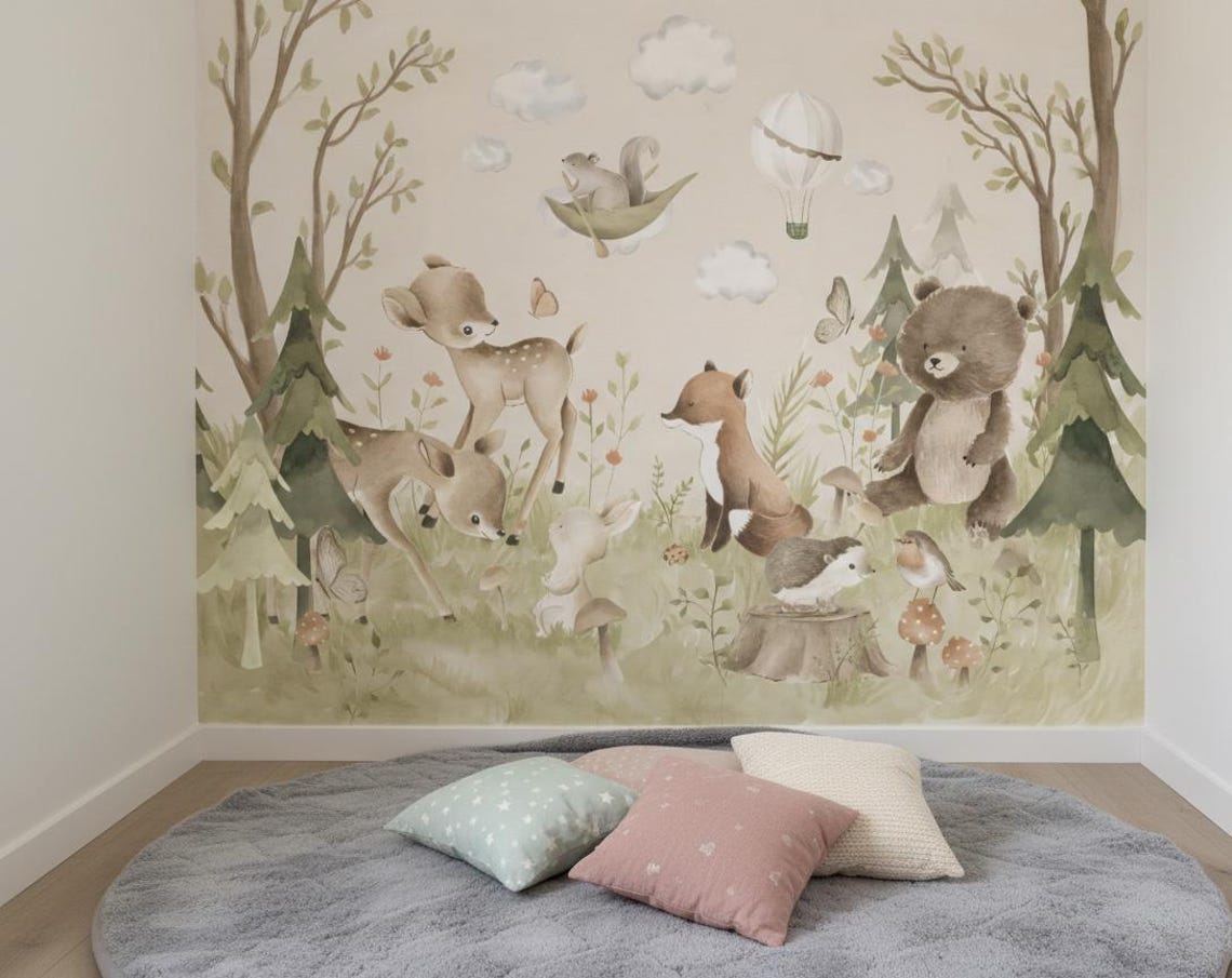 Kendinden Yapışkanlı - Orman Hayvanları Temalı Bebek Çocuk Odası Duvar Kağıdı
