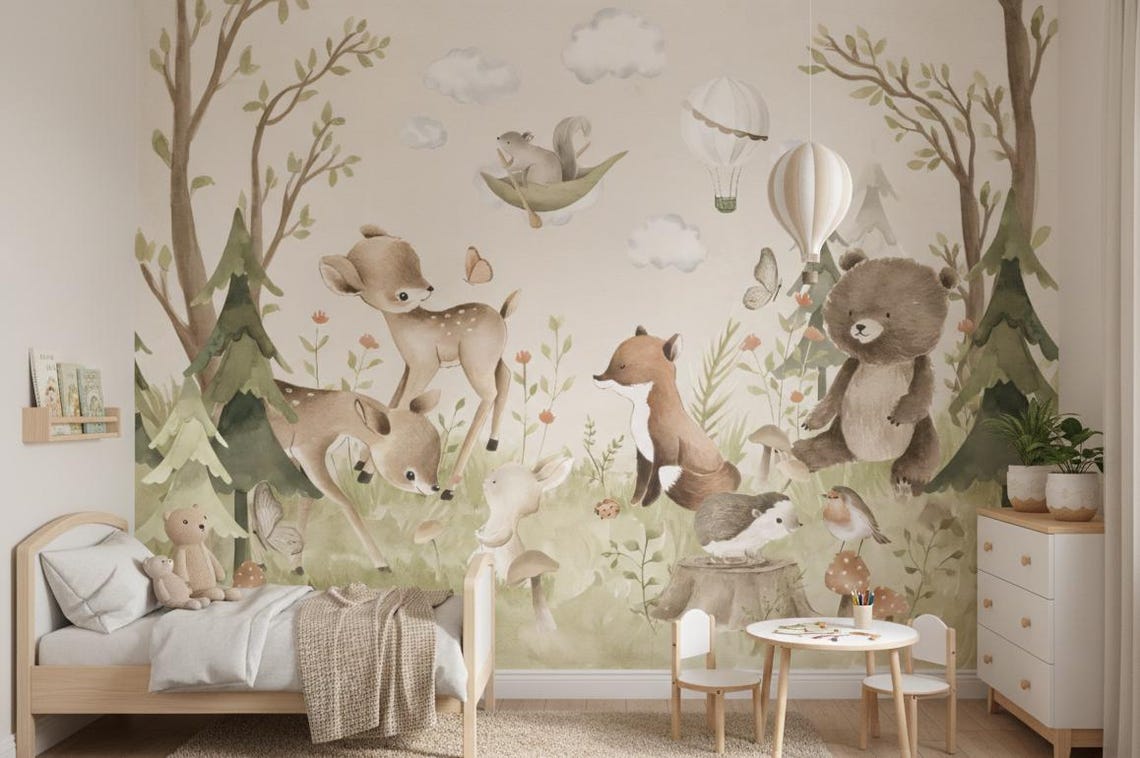 Kendinden Yapışkanlı - Orman Hayvanları Temalı Bebek Çocuk Odası Duvar Kağıdı