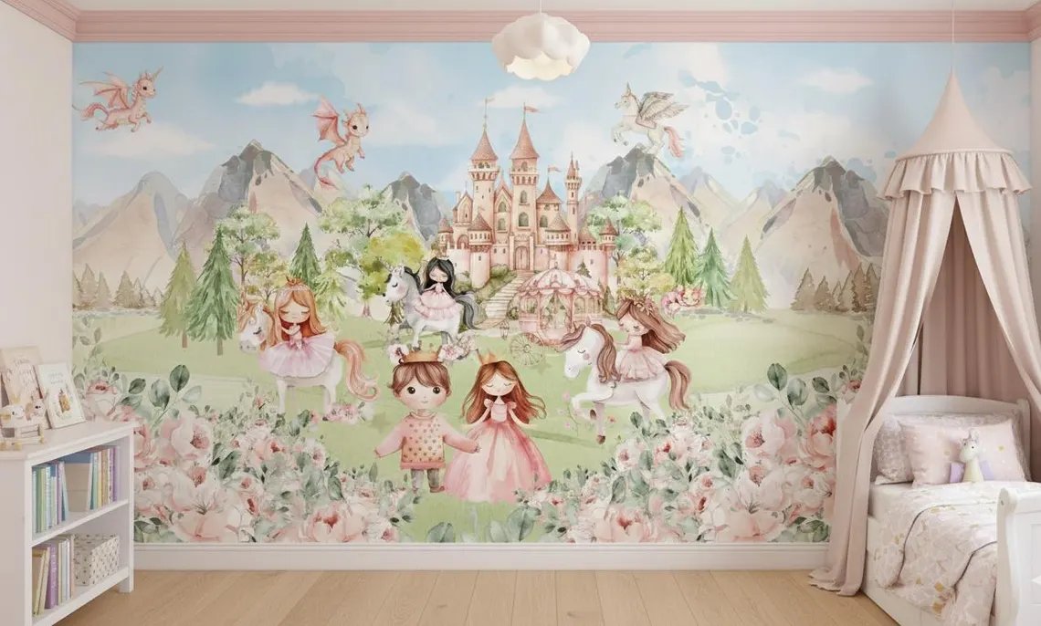Kendinden Yapışkanlı - Prenses ve Şato Kız Çocuk Odası Duvar Kağıdı