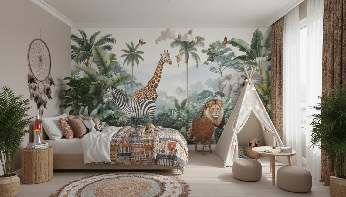 Kendinden Yapışkanlı - Safari Hayvanları Bebek & Çocuk Odası Duvar Kağıdı