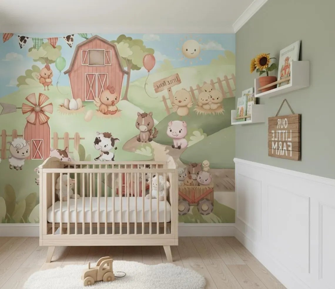 Kendinden Yapışkanlı - Sevimli Çiftlik Hayvanları Bebek & Çocuk Odası Duvar Kağıdı