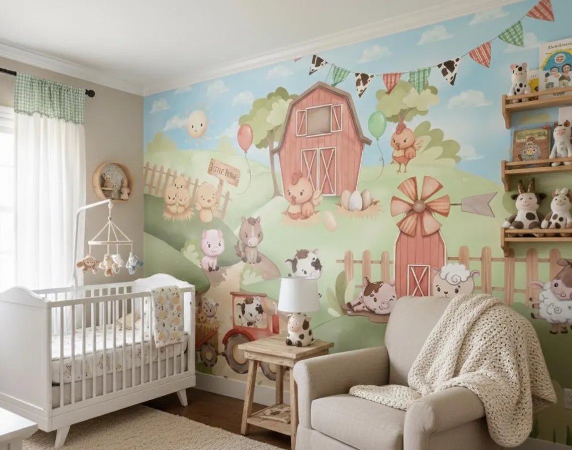 Kendinden Yapışkanlı - Sevimli Çiftlik Hayvanları Bebek & Çocuk Odası Duvar Kağıdı