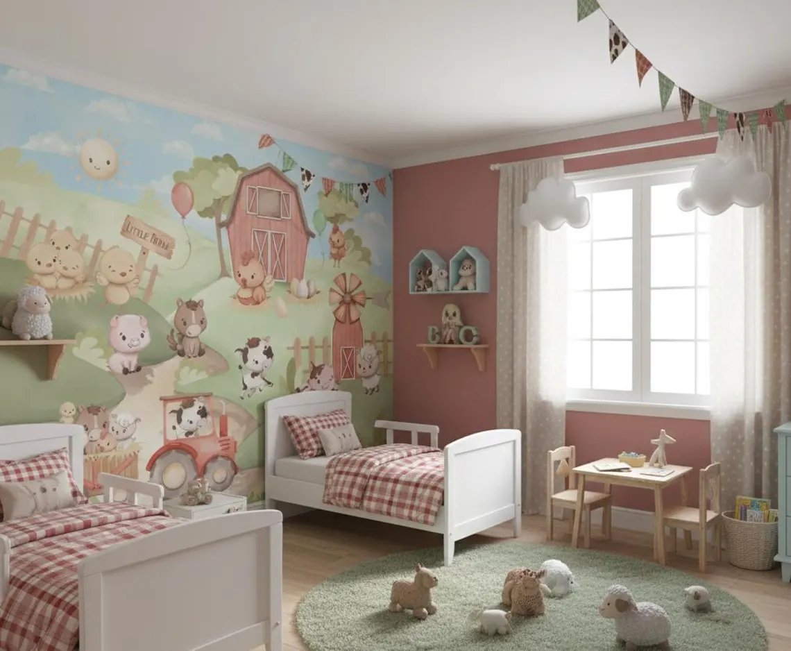 Kendinden Yapışkanlı - Sevimli Çiftlik Hayvanları Bebek & Çocuk Odası Duvar Kağıdı