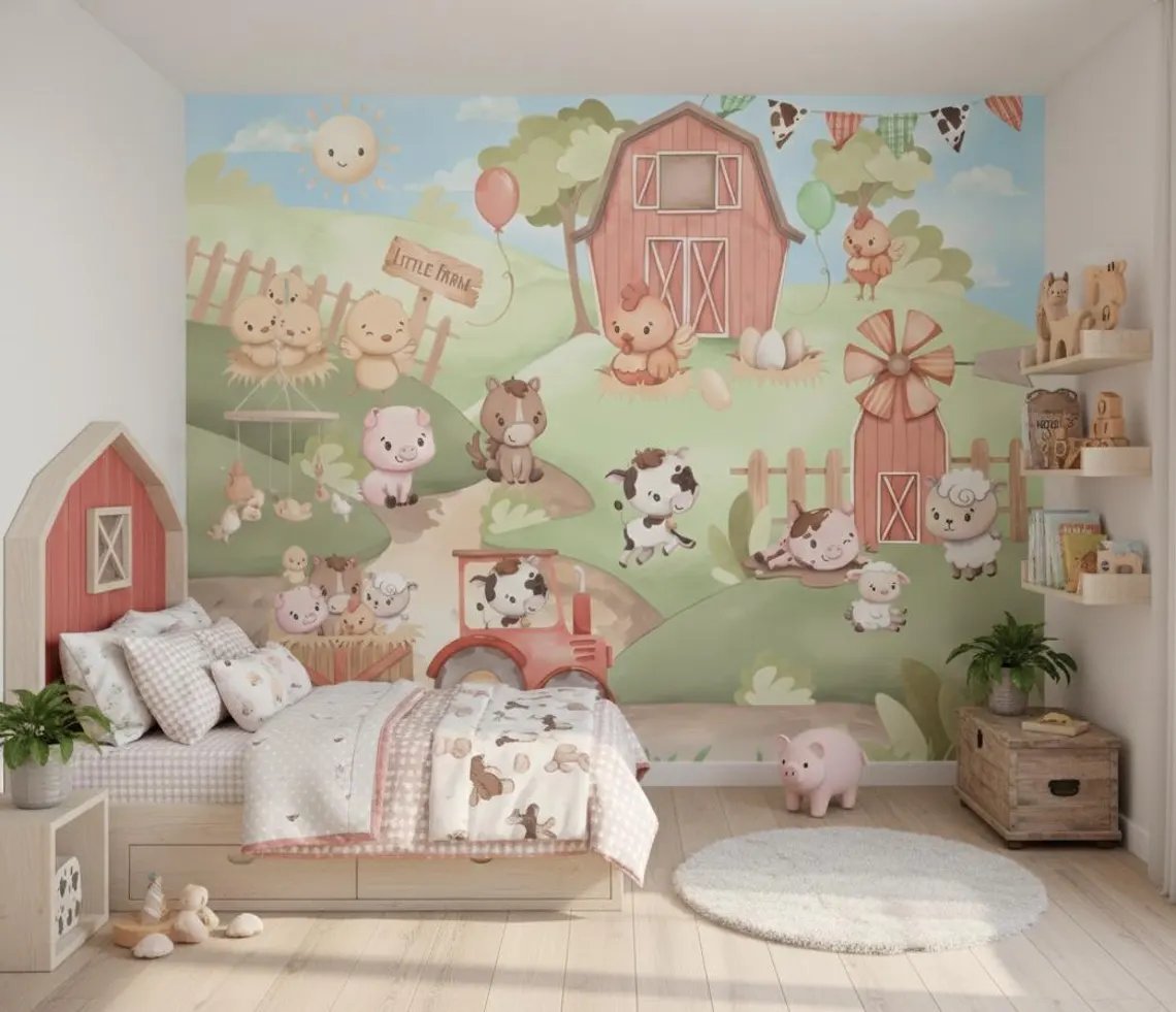 Kendinden Yapışkanlı - Sevimli Çiftlik Hayvanları Bebek & Çocuk Odası Duvar Kağıdı