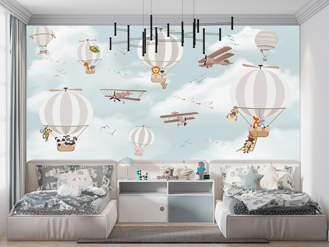 Kendinden Yapışkanlı - Sıcak Hava Balonlarında Sevimli Hayvanlar Çocuk Bebek Odası Duvar Kağıdı