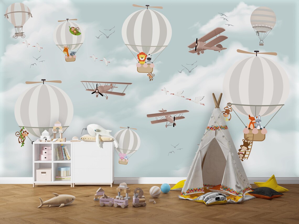 Kendinden Yapışkanlı - Sıcak Hava Balonlarında Sevimli Hayvanlar Çocuk Bebek Odası Duvar Kağıdı