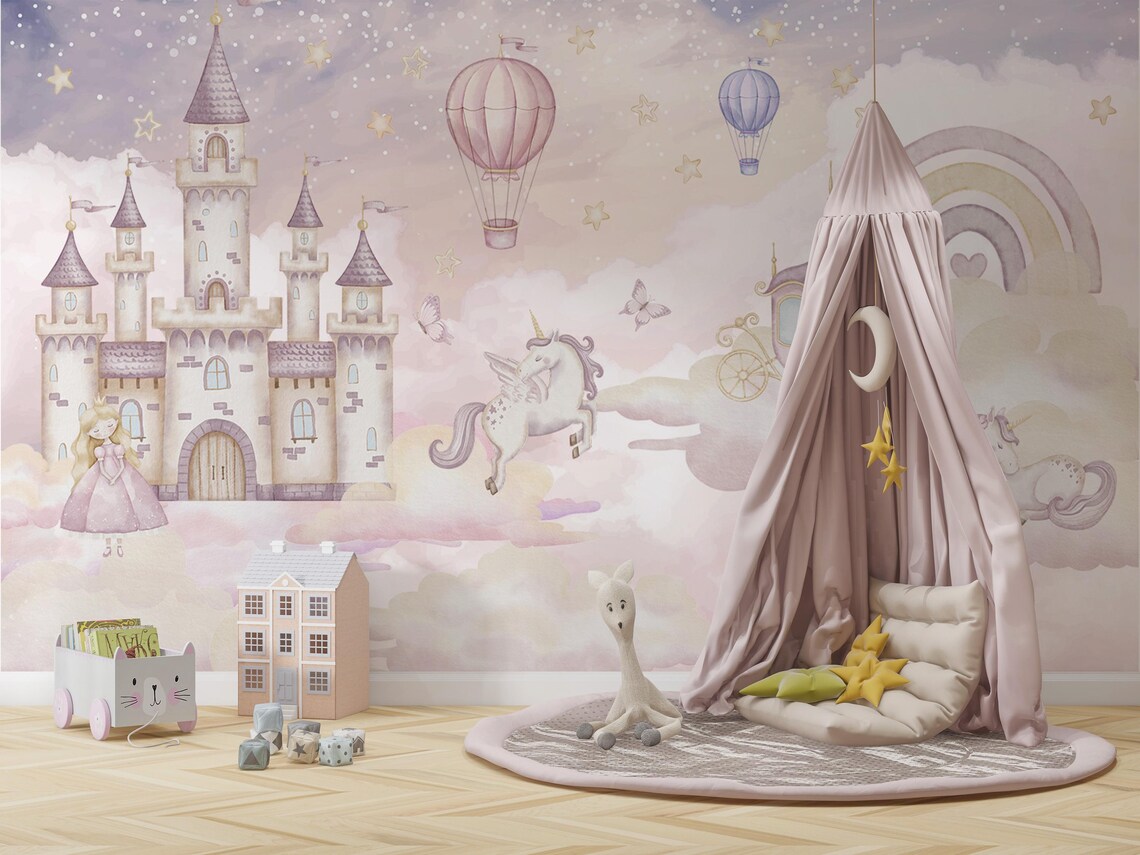 Kendinden Yapışkanlı - Sihirli Pembe Prenses Şatosu ve Unicorn Bebek & Çocuk Odası Duvar Kağıdı