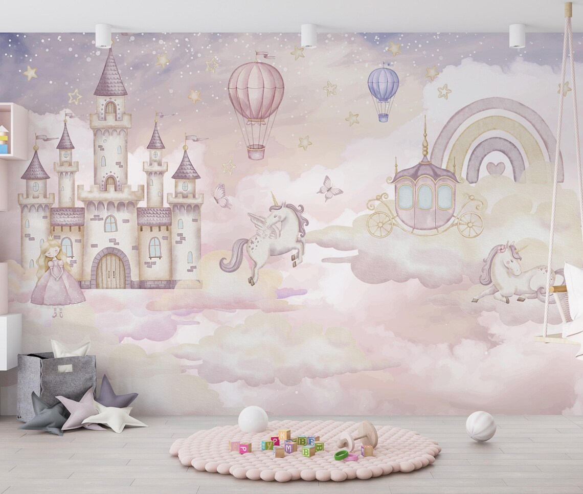 Kendinden Yapışkanlı - Sihirli Pembe Prenses Şatosu ve Unicorn Bebek & Çocuk Odası Duvar Kağıdı
