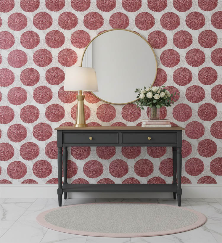 Kırmızı Beyaz Parlak Çiçek Desenli Duvar Kağıdı 3019