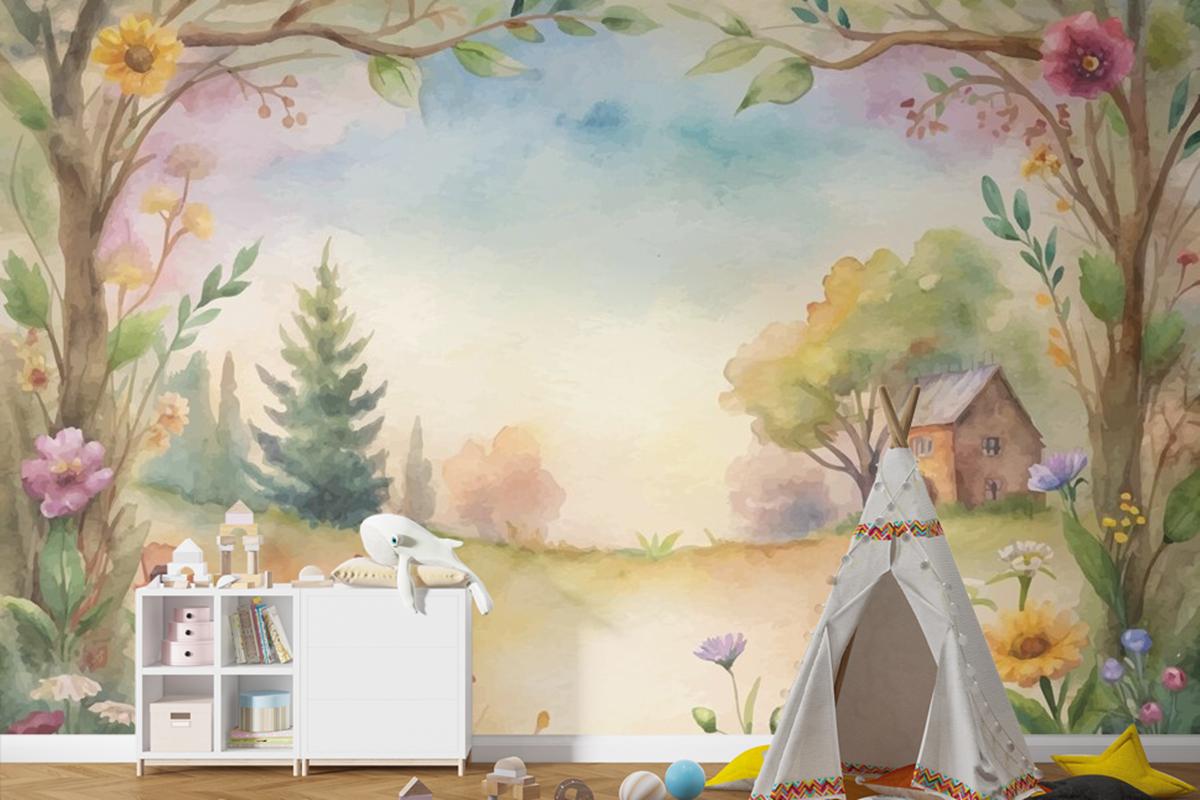 Kırsal Çocuk Odası Duvar Kağıdı Duvarında Kır Çiçeği Suluboya Arkaplan