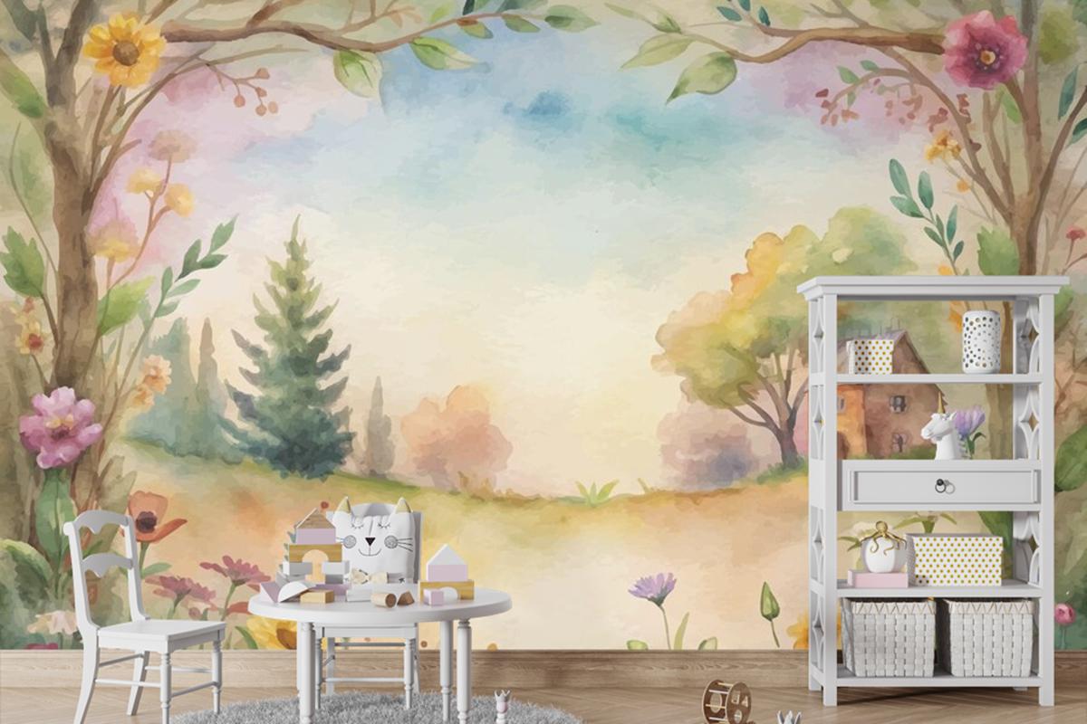 Kırsal Çocuk Odası Duvar Kağıdı Duvarında Kır Çiçeği Suluboya Arkaplan