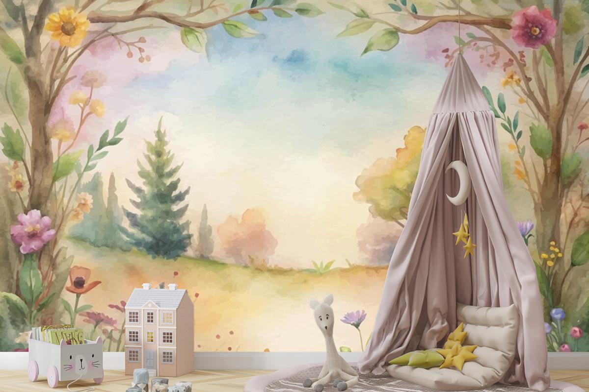 Kırsal Çocuk Odası Duvar Kağıdı Duvarında Kır Çiçeği Suluboya Arkaplan