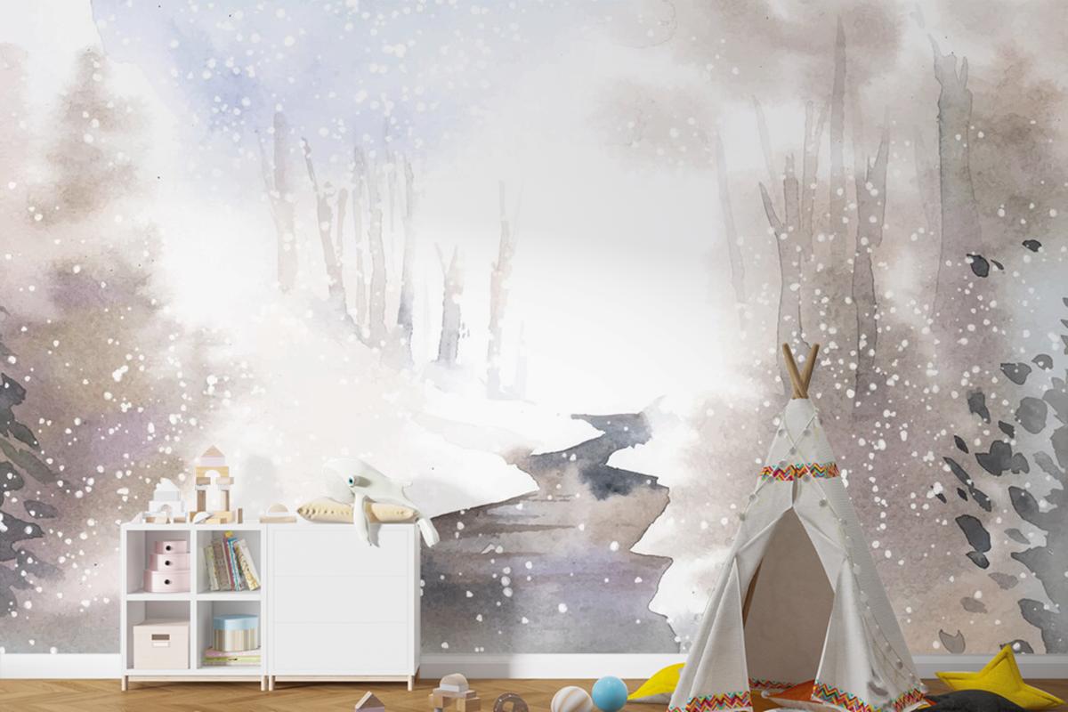Kış Harikalar Diyarı Manzarası Suluboya Çocuk Odası Duvar Kağıdı  Ile Boyalı