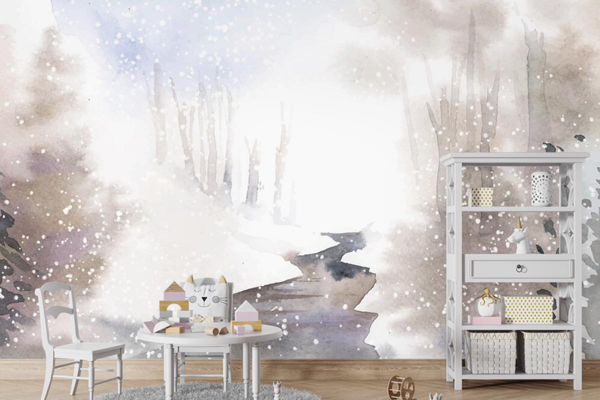 Kış Harikalar Diyarı Manzarası Suluboya Çocuk Odası Duvar Kağıdı  Ile Boyalı