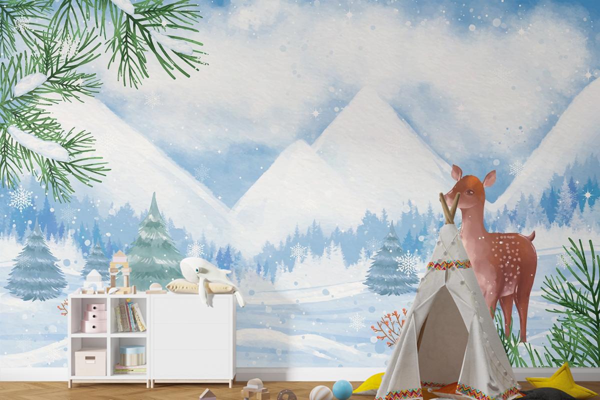 Kış Sezonu Kutlaması Çocuk Odası Duvar Kağıdı  Için Suluboya Arka Plan