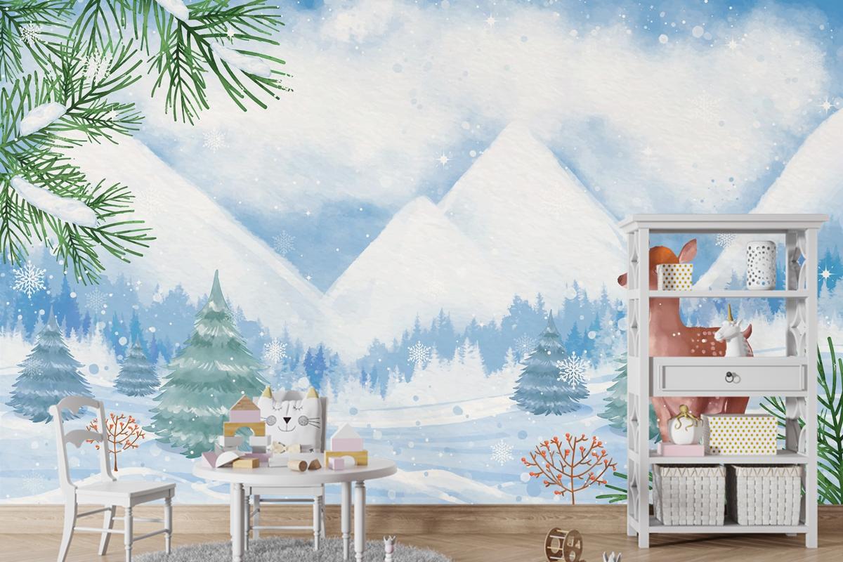 Kış Sezonu Kutlaması Çocuk Odası Duvar Kağıdı  Için Suluboya Arka Plan