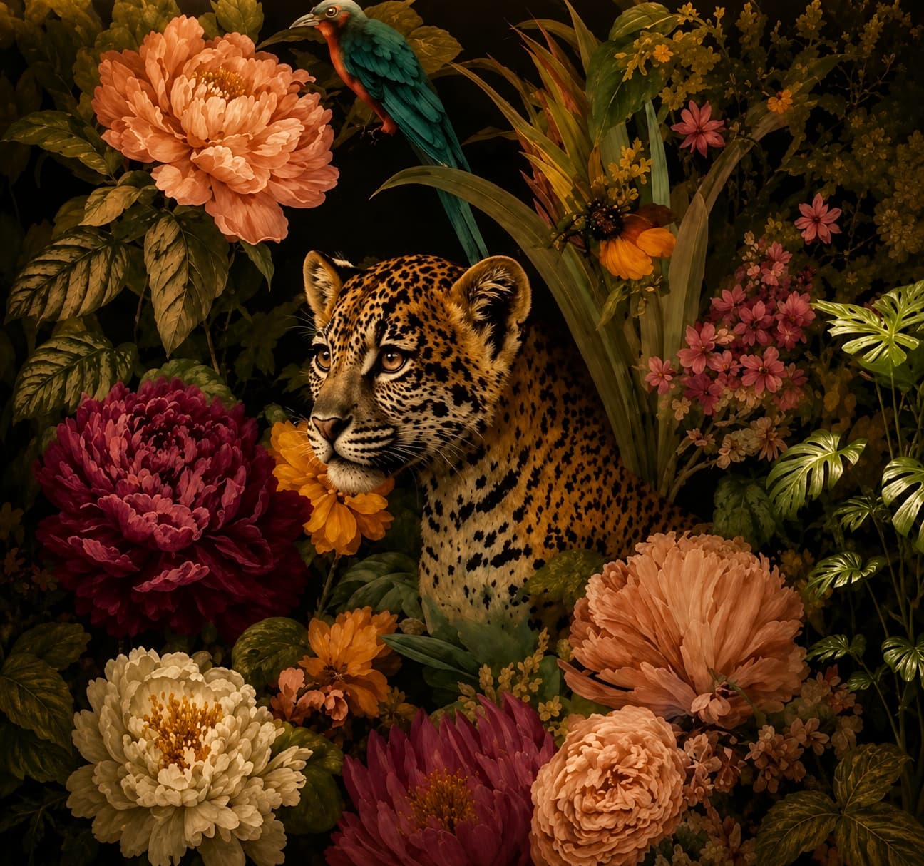 Koyu Çiçekli ve Leopar Desenli Egzotik Orman Jaguarı Duvar Kağıdı 