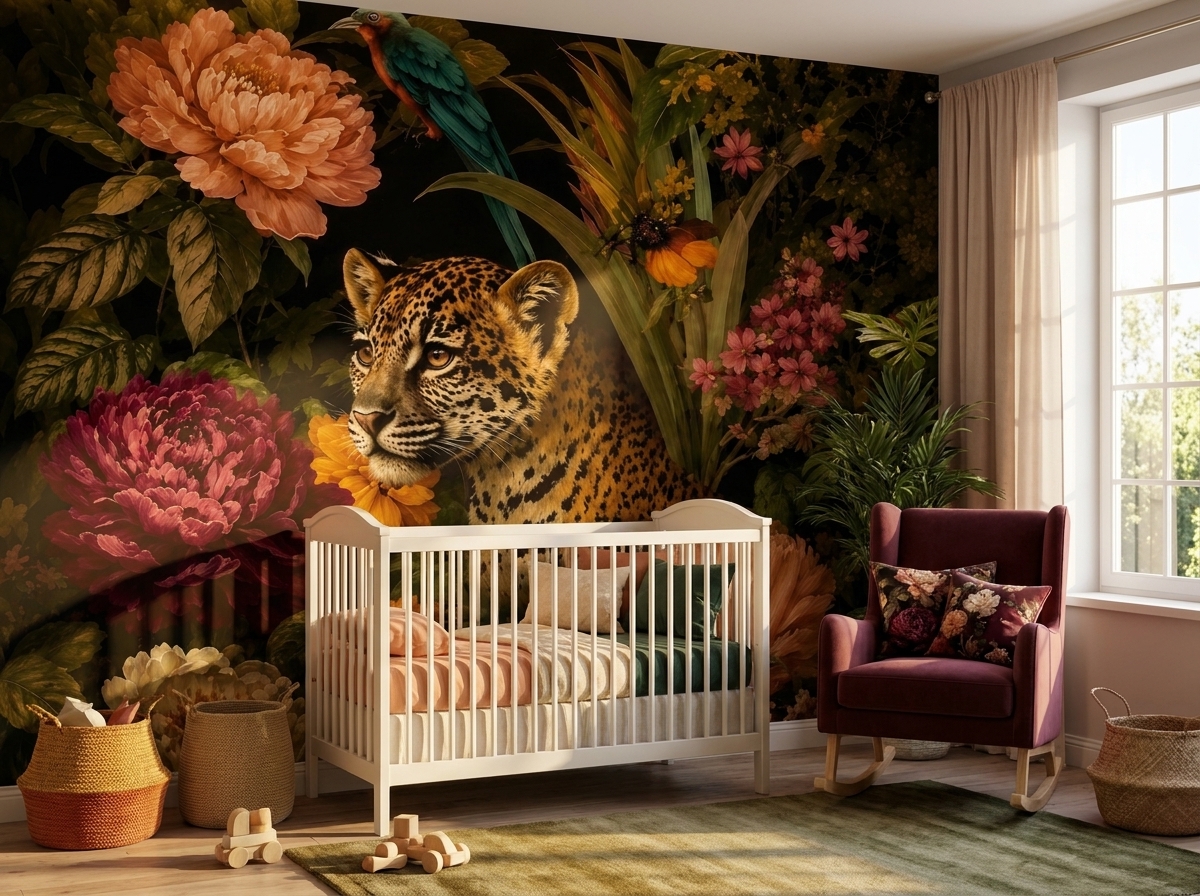 Koyu Çiçekli ve Leopar Desenli Egzotik Orman Jaguarı Duvar Kağıdı 
