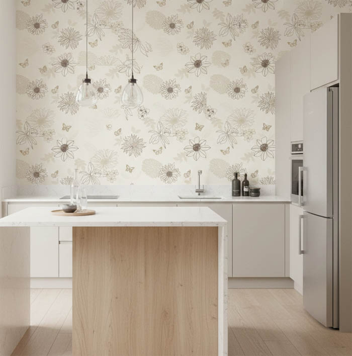 Krem Kahve Tonu Çiçek Desen Dokulu  Duvar Kağıdı 54064