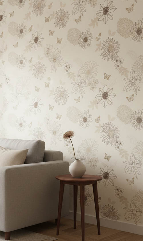 Krem Kahve Tonu Çiçek Desen Dokulu  Duvar Kağıdı 54064