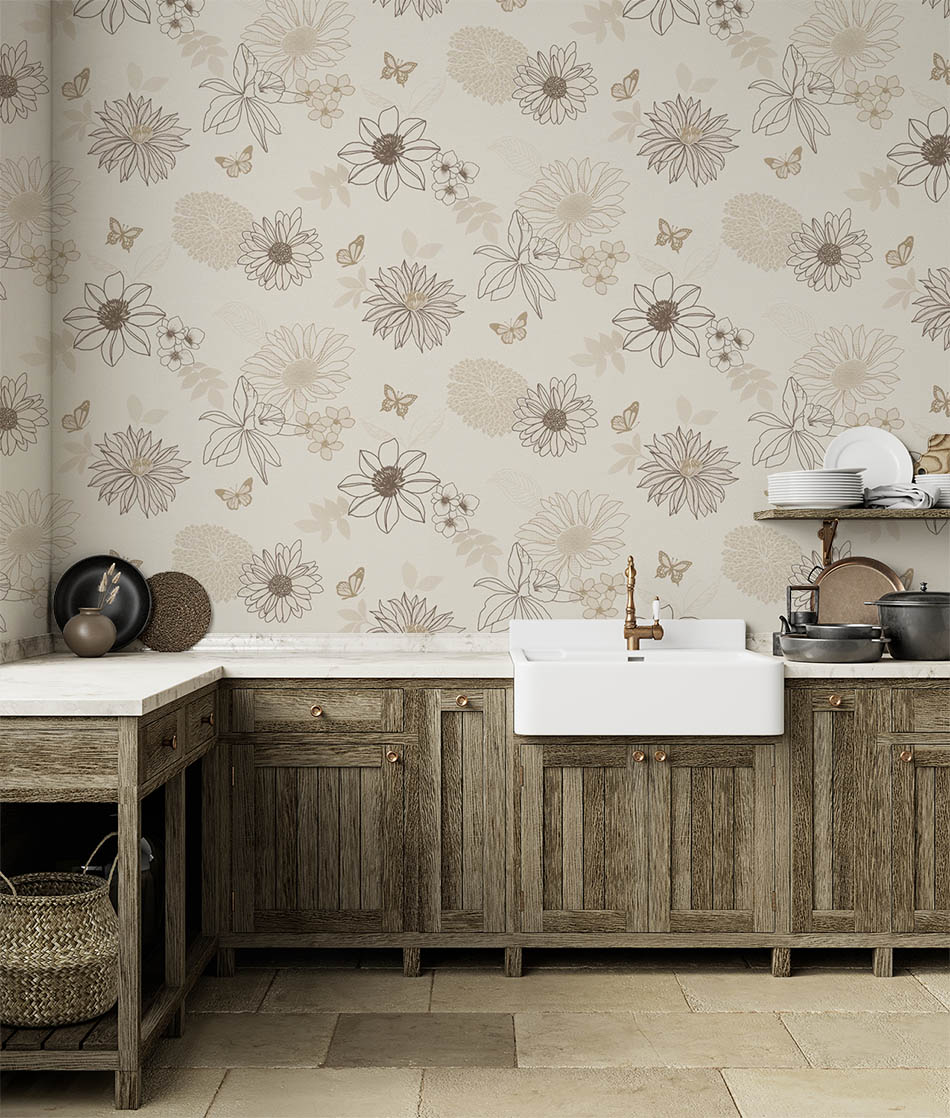 Krem Kahve Tonu Çiçek Desen Dokulu  Duvar Kağıdı 54064