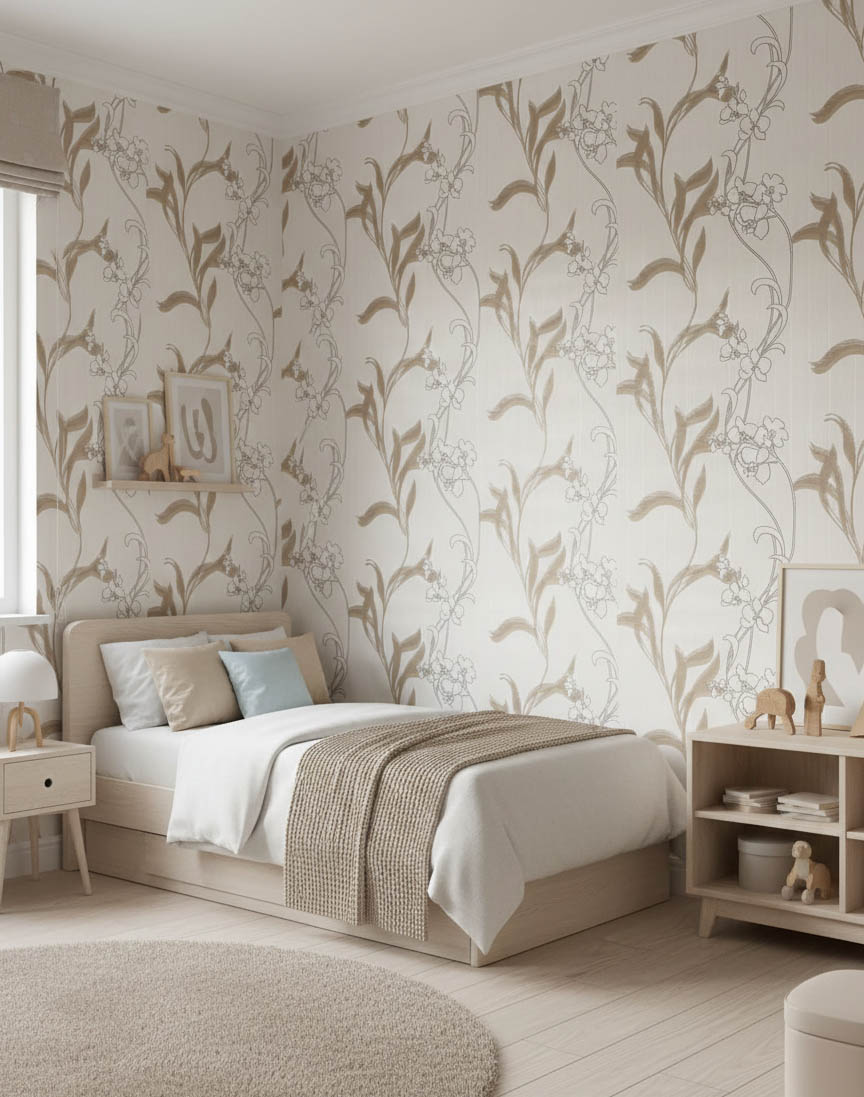 Krem Kahverengi Çiçek Desen Ucuz Duvar Kağıdı 536402