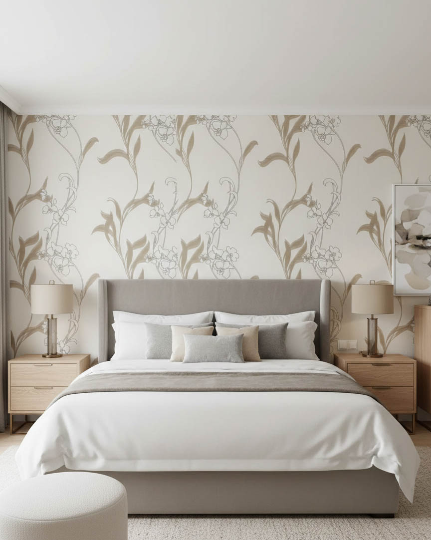 Krem Kahverengi Çiçek Desen Ucuz Duvar Kağıdı 536402