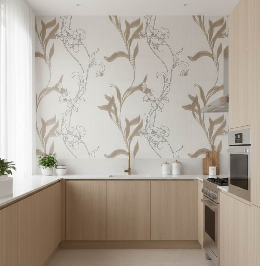 Krem Kahverengi Çiçek Desen Ucuz Duvar Kağıdı 536402