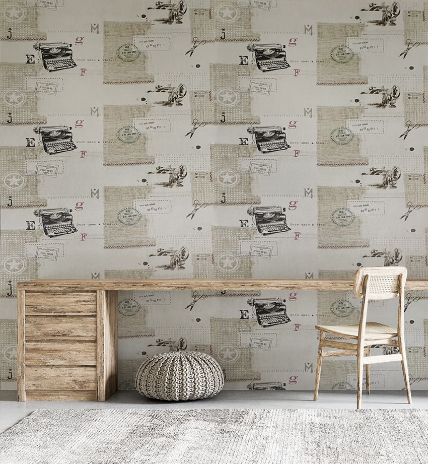 Krem Retro Daktilo ve Posta Desenleri 16 M2 Duvar Kağıdı